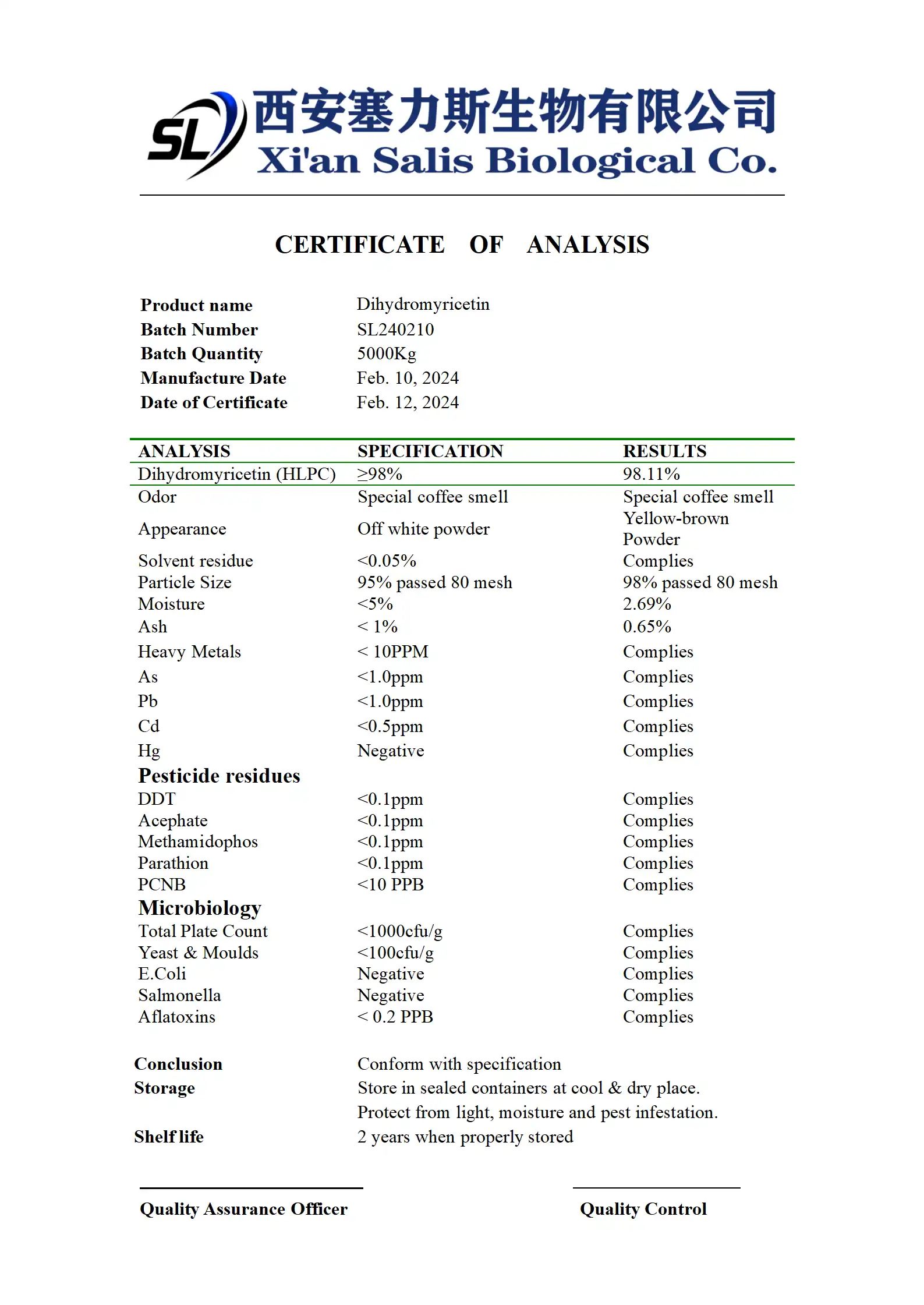 COA of Dihydromyricetin Powder